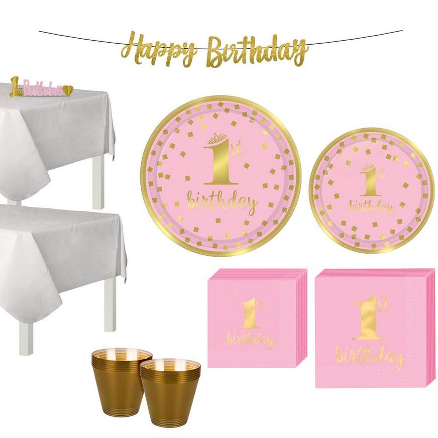Pink & Gold Confetti Premium 1st Birthday Party Kit for 16 Guests 